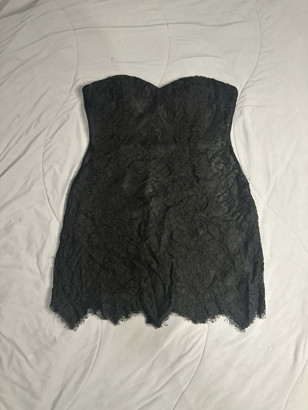 Lovers + Friends Black Strapless Lace Mini Dress with Scalloped Eyelash Hem